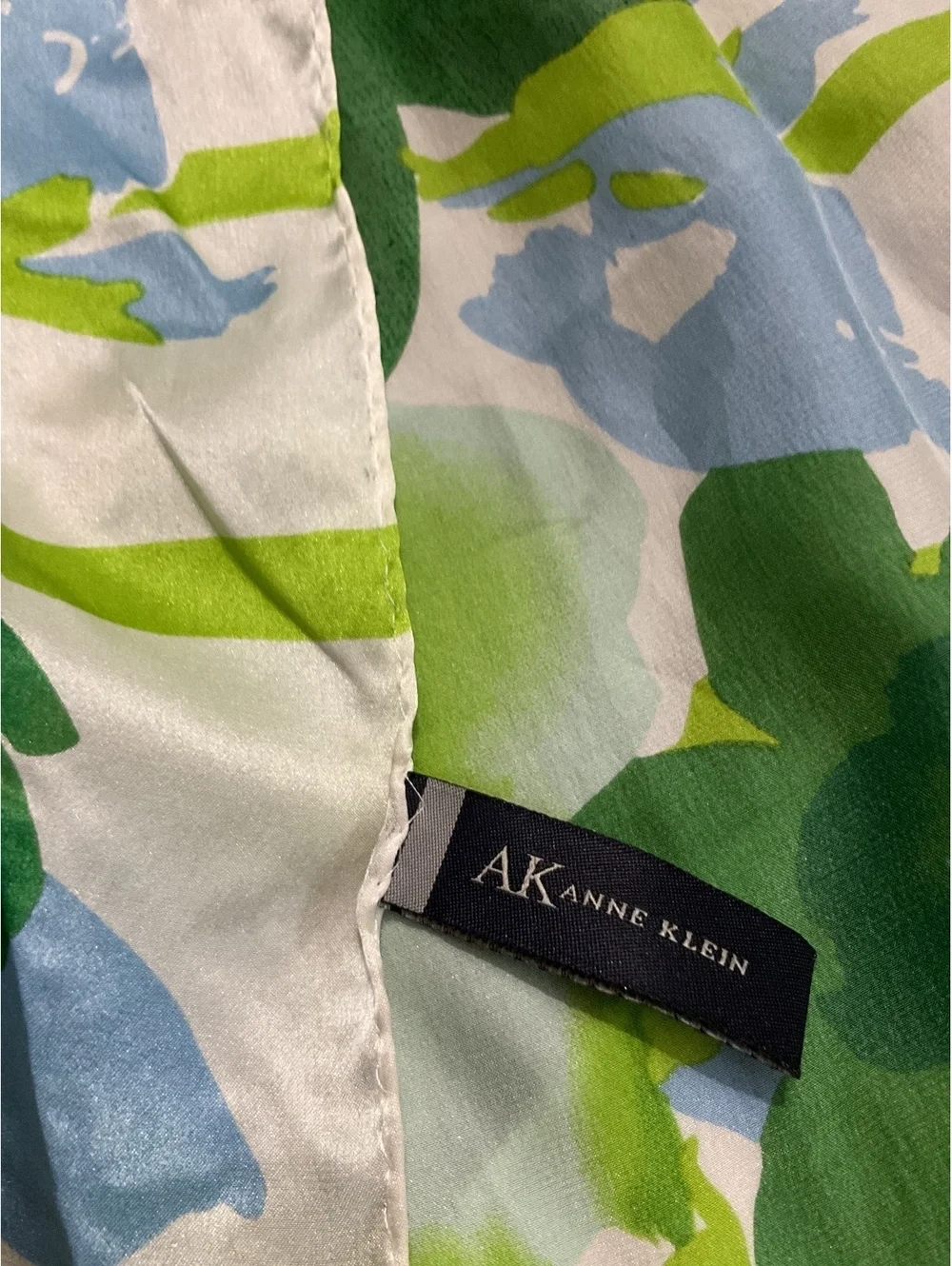 Anne Klein 100% Silk Floral Scarf with Green and Blue Pattern